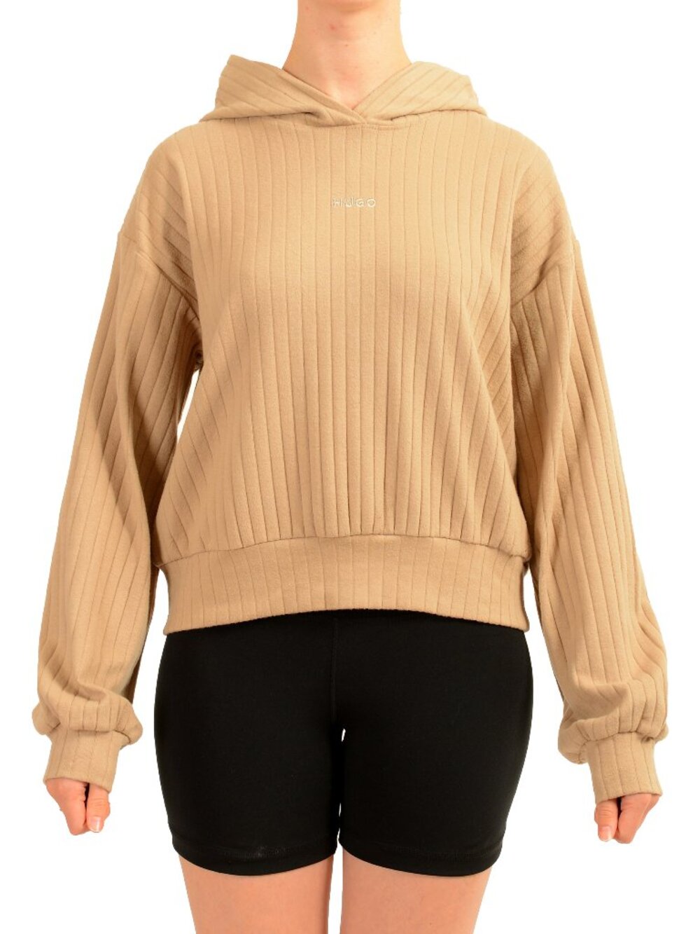 Hugo Boss Women's "DREAMY_HOODIE" Beige Ribbed Hoodie Sweater US S IT 40